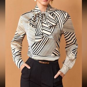 Abstract Print Tie Button Down Shirt Top Bloouse